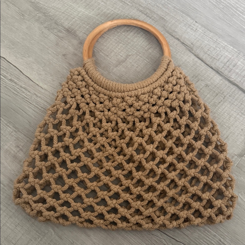 Handcrafted Tan Crochet Bag with Wooden Handle